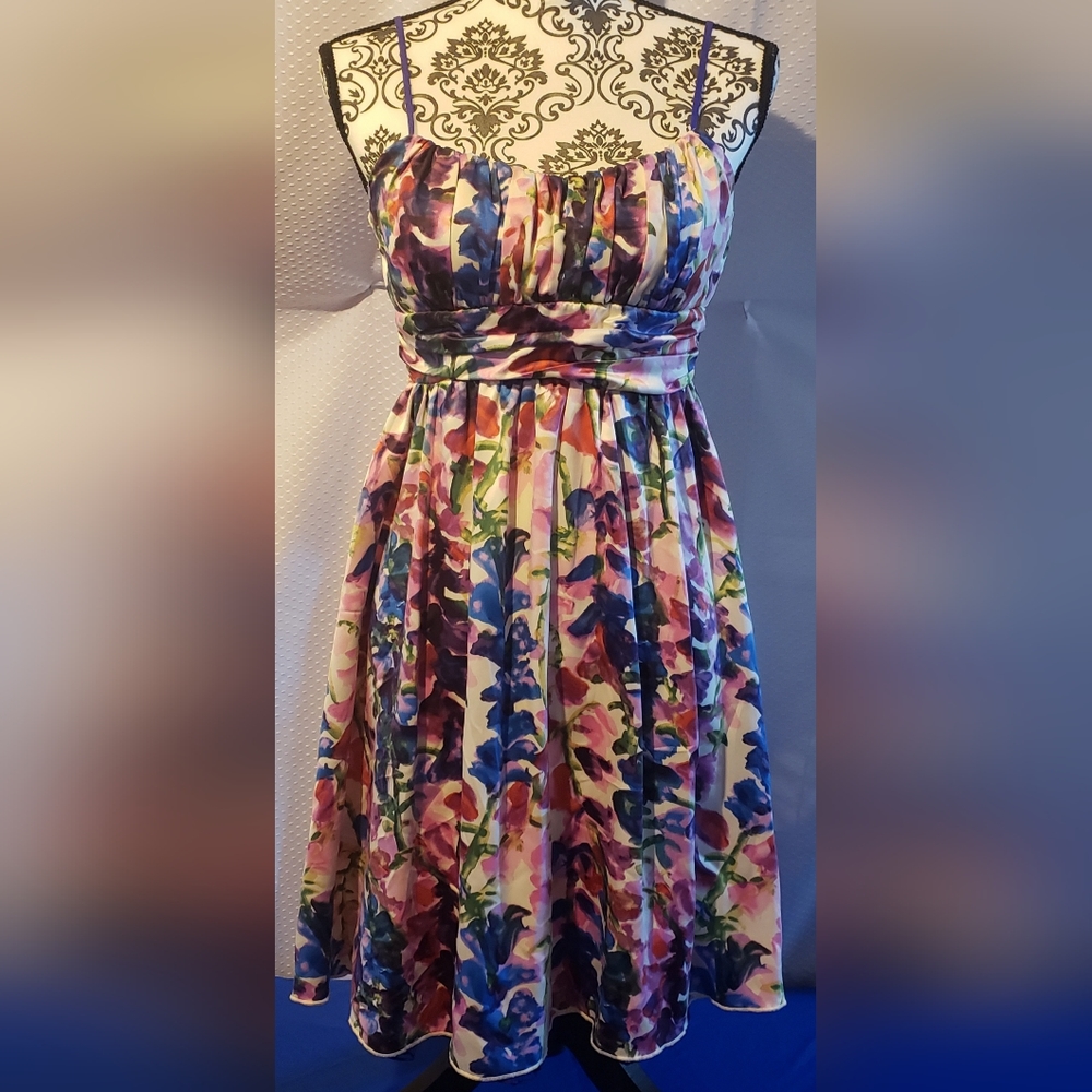 Spring Dress, size 7 in flowering pink, purple, blue, green colors